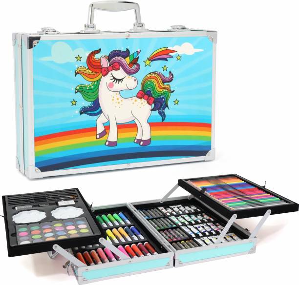 Aditi Toys Unicorn Blue Art Drawing Set 155 Pieces Suitcase with Carrying Handle For Kids