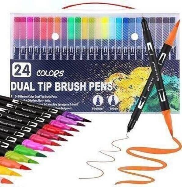 BOZLIN STROKES 24 Colors Dual Tip Brush Pen Art Markers, Fine Tip Marker & Calligraphy Brush Pens with 30% More Ink for Journaling, Sketching, Hand Lettering, Coloring Books Pen Gift Set (Multicolor) Nib Sketch Pen