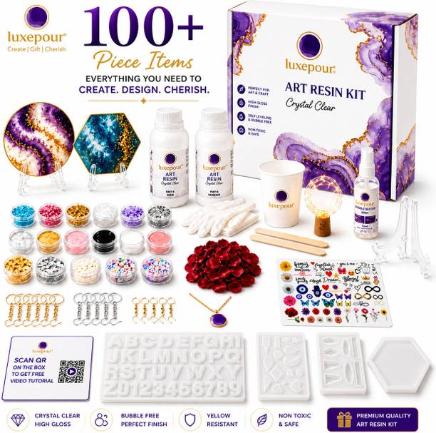 LUXEPOUR DIY Resin Art Kit 100+ Pieces with 200g Epoxy Resin, Molds for Coasters