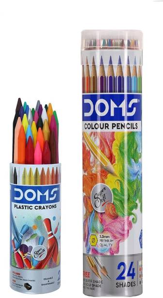 DOMS 24 Shades Color Pencil Pre Sharped and 28 Shades Erasable Plastic Crayon for Kid