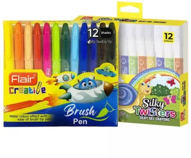 SunriseTrading Flair Presents 12 Bright Shades Multicolor Brush Pen &amp; 12 Gel Crayons Combo