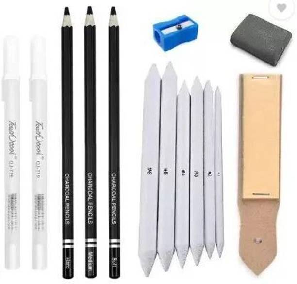 Ortan 3pc Charcoal Pencils + 2pc White Pen + 6pc Stumps + Kneaded Eraser + SandPaper