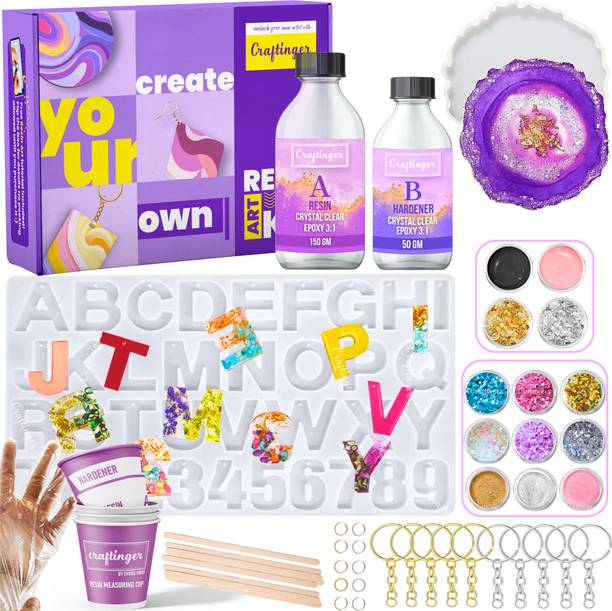 Craftinger Resin Art Keychain Alphabet Making kit With 200 Gm Epoxy Resin Mould & More