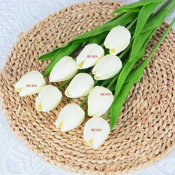 HOF DECO White Tulips Artificial Flower (35 cm, Pack of 5, Flower Bunch) White Tulips Artificial Flower