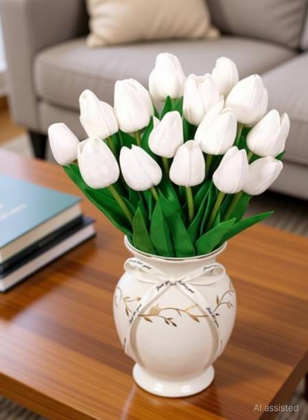 DOOR BIG 5 Pcs Artificial Tulip Flowers Bunches for vase,Wedding Room Decoration(White) White Tulips Artificial Flower