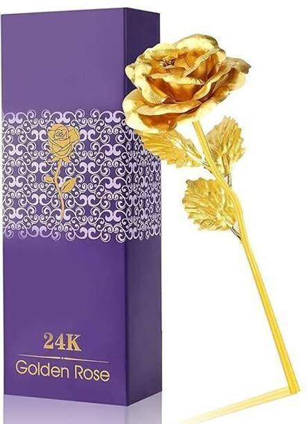 Elpenor Golden Rose Flower Gift for Girl Friend, Valentines Day Gift, Box and Carry Bag Gold Rose Artificial Flower