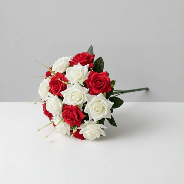 प्रेमा शाइन Artificial Rose Flower Bunch | 7 Head | Plastic Roses for Home Decoration लाल, सफेद गुलाब का फूल नक़ली फूल