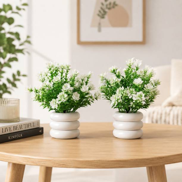 Energia boost Artificial White Flower Plant with White Ceramic Pot, 8 Inch Height White Sunflower Artificial Flower  with Pot