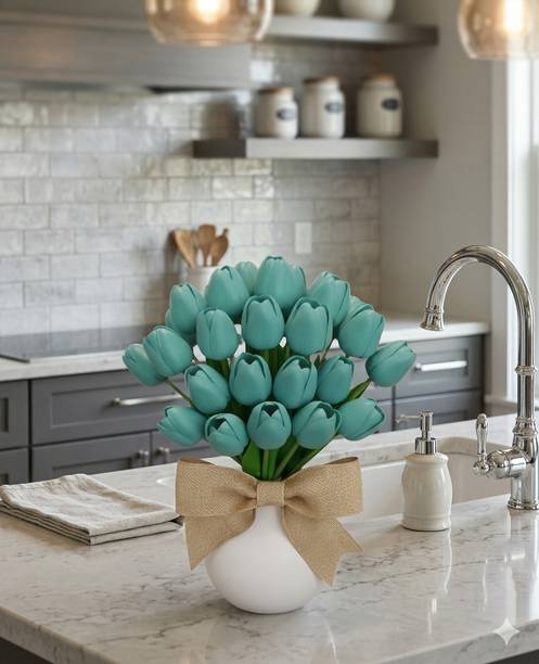 THE PHOOLCART Real Touch PU Flowers for Vase Decoration, Events & Home Styling Blue Tulips Artificial Flower
