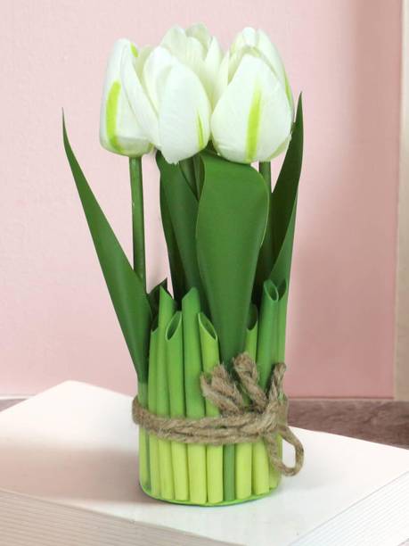 TIED RIBBONS Faux Bamboo White Tulips Artificial Flower