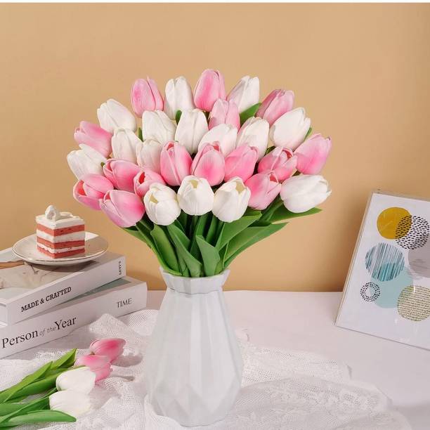 Purple Leaf 6Pcs - Artificial Tulip Flower Sticks 3 Pink and 3 White Combo for Home Decor- Multicolor Tulips Artificial Flower