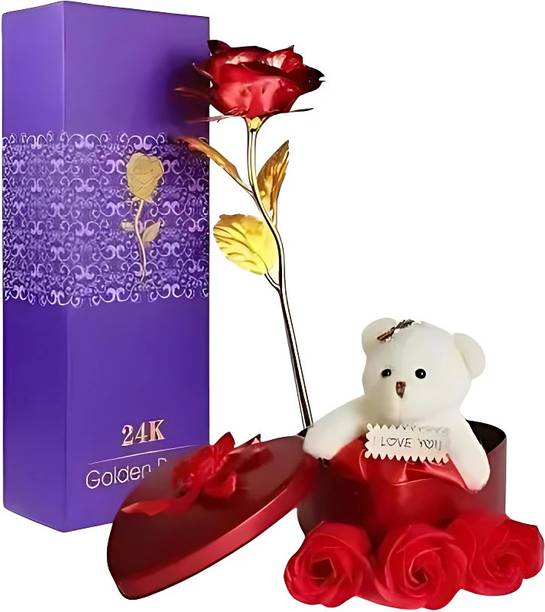LoveGift Red Golden Rose with Heart Shape Gift Box | Love Gift Set Red Rose Artificial Flower