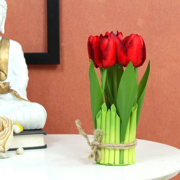 TIED RIBBONS Decorative Artificial Tulips Flowers for Vase Pot Home Decorations Gift Item Red Tulips Artificial Flower