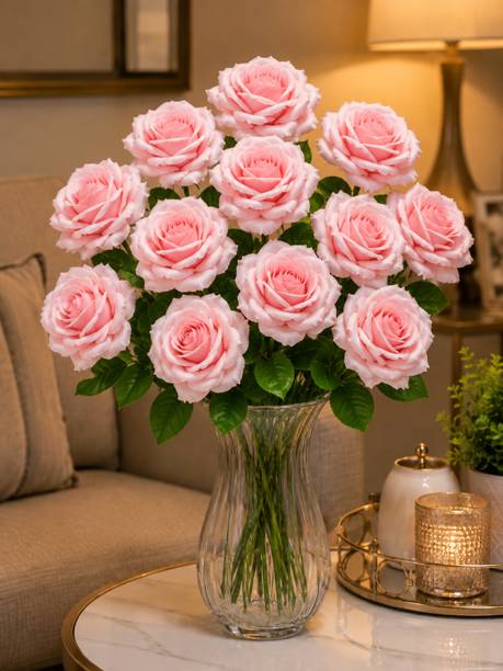 LEVOT Artificial Pink Rose Flower Stick, Realistic Petals, Flexible Stem, Green 