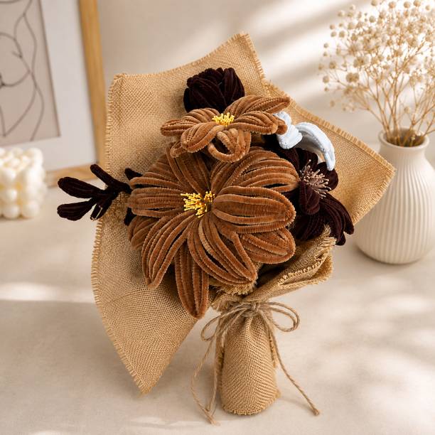 JISHORA JISHORA Brown Handmade Chenille Flower Bouquet Brown, White Daisy, Lily, Tulips Artificial Flower