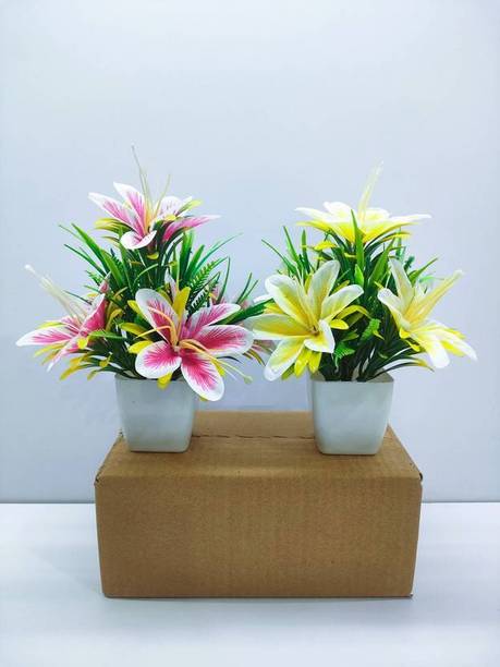 NERAPI Attractive Bonsai Lily Multicolor Wild Flower Plant Perfect Decorative Piece | Multicolor Lily Artificial Flower  with Pot