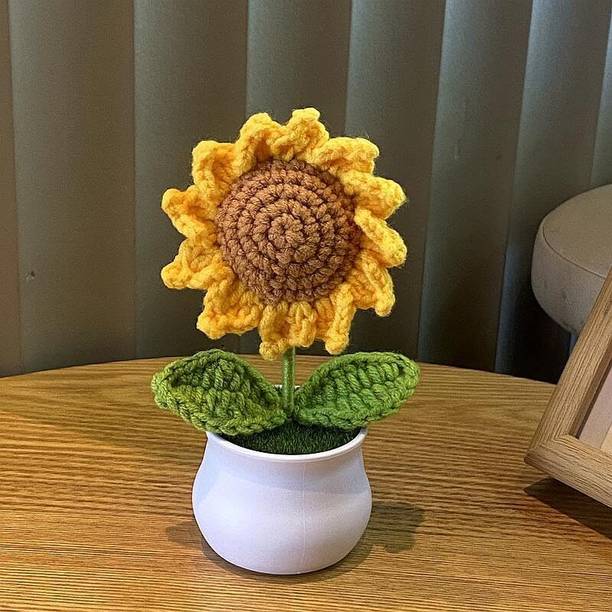 MAYCREATE Crochet Small Patted Flowers Artificial Knitted Flower Decor for Home Car Office Yellow Sunflower Artificial Flower  with Pot