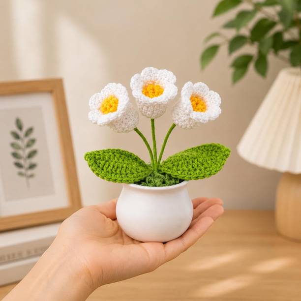 TIED RIBBONS Handmade Knitted Crochet Flower with Vase | Home Decor, Table, Gift White Tulips Artificial Flower  with Pot