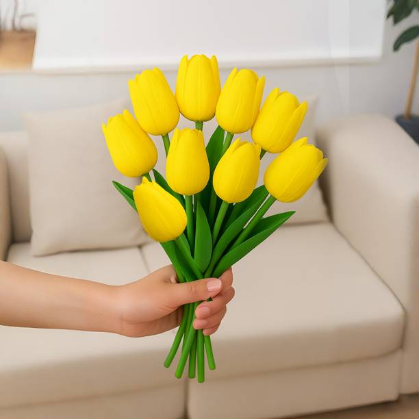 Ikko Tulip Bunch for Vase & Home Decorations, Lily For Living Room, Corner Table Yellow Tulips Artificial Flower