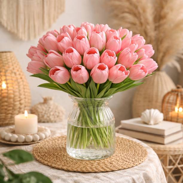 SORT & FILTER Decorative Artificial Tulips Flowers for Vase Pot Home Decorations Pink Tulips Artificial Flower