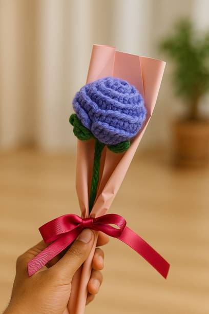 Clapjoy Crochet Purple Rose – Handmade Wool Flower Gift with Pink Wrap Purple Rose Artificial Flower