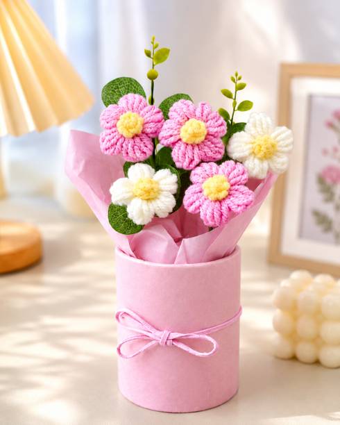 Ryme Artificial Hand Knitted Bouquet Flower Pink, White Sunflower Artificial Flower