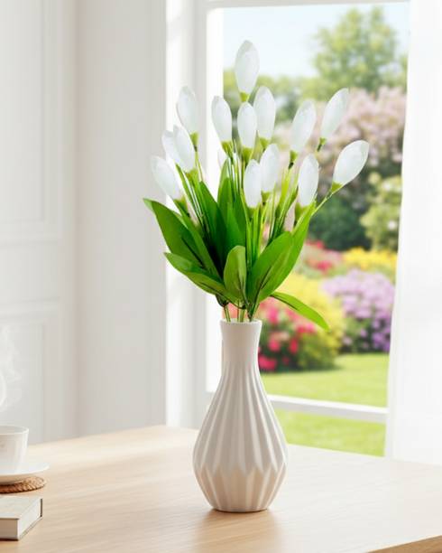 Glowhere Artificial Lavender Tulip Flowers Bunch, 15 Silk Tulips for Home Décor White Tulips Artificial Flower