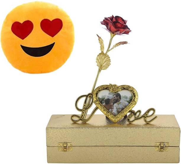 INTERNATIONAL GIFT Red Rose Flower 25 Cm With Photo Frame Love Stand With Luxury Golden Gift Box Packing With Free Emoji Heart Smiley Pillow/Cushions - 30 cm Red Rose Artificial Flower
