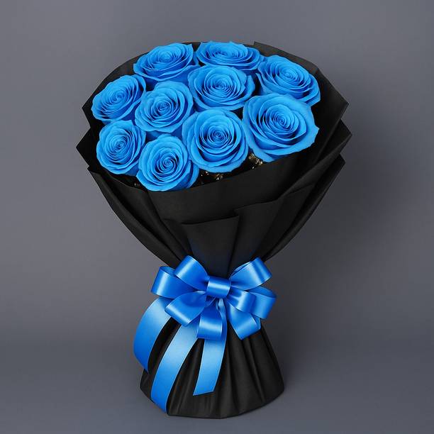 Fleur Buddy Elegant Artificial Rose Bouquet – Black Wrap | Ideal Gift for All Occasions Blue Rose Artificial Flower