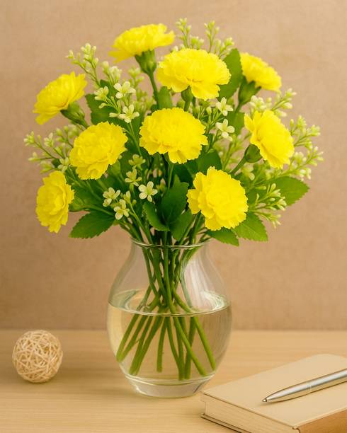 Glowhere Artificial Carnation Flowers with Greenery, Faux Floral Bouquet for Home Decor Yellow Carnations Artificial Flower