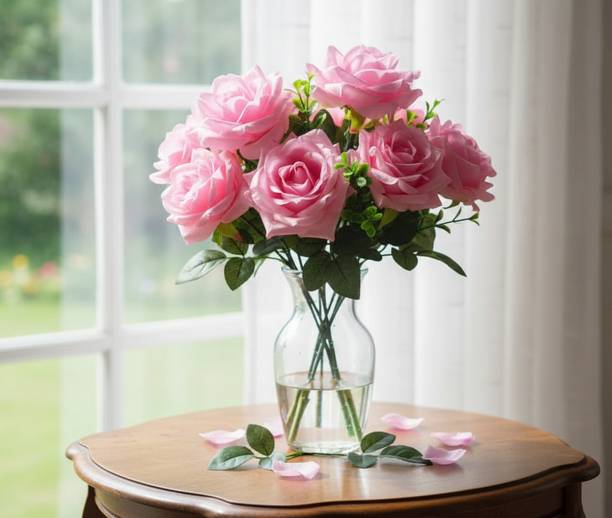 ZENOVIA Premium Artificial Rose Flower Bunch for Home Decoration | Without Vase Pink Rose Artificial Flower
