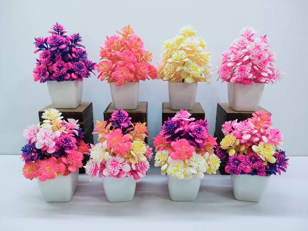 ADIRSA Artificial Plants for Home Office Decor Mix Color Decorative, PACK OF 8 Multicolor Wild Flower Artificial Flower  with Pot