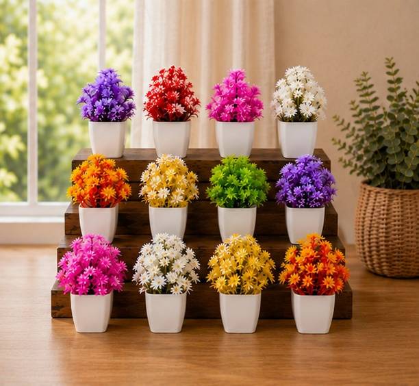 ARTRADERS Mini Artificial Daisy/Star Flower Bonsai Plants (Set of 12) Bonsai Artificial Plant  with Pot