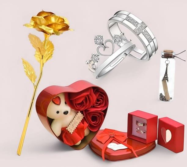 LoveGift Golden Rose with Heart Shape Box, Couple Rings, Message Pills & I Love You Card Red Rose Artificial Flower