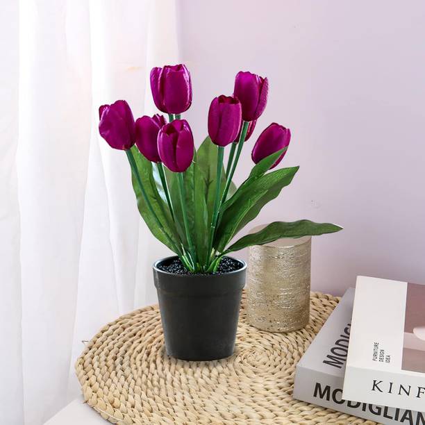 Ekhasa Tulip Flower Vase Pot with Artificial Flowers for Home Decoration Purple Tulips Artificial Flower  with Pot