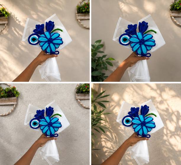 JISHORA Blue Evil Eye Handmade Artificial Flower Bouquet Blue Daisy, Tulips Artificial Flower