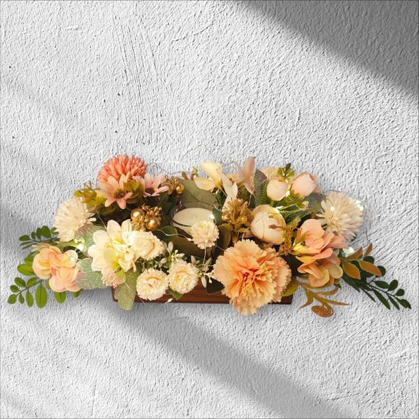 Floregance WOODEN BASE RECTANGULAR ARRANGEMENT Multicolor Chrysanthemum, Dahalia, Peony, Rose Artificial Flower  with Pot