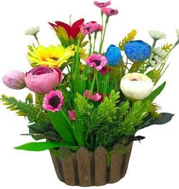 DNEnterprises Beautiful Artificial Flower Pot for Home Decoration (1 Pc, L25/B20cm) Multicolor Rose, Cherry, Daisy, Sunflower Artificial Flower  with Pot