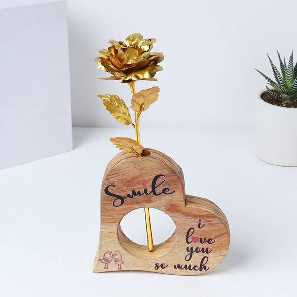 Floweraura Artificial Golden Rose With Wooden heart Shape Pot Gift's For Valentine's Day Gold Rose Artificial Flower  with Pot