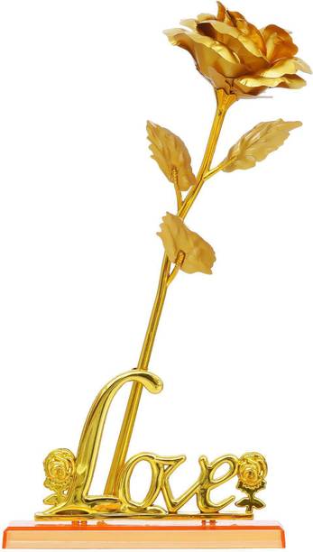 Menka Artificial Golden Rose With Love Stand Couple Gift Set With Box & Hand Bag Gold Rose Artificial Flower