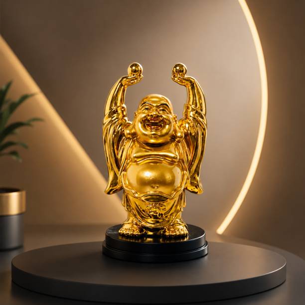 Focusmart 24K Gold Plated Laughing Buddha Showpiece Polyresin Home Decor Lucky Idol Decorative Showpiece  -  12 cm