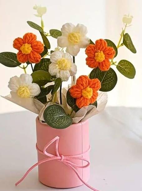 MPROW 1 Pcs Artificial Daisy Crochet Flower Bouquet with Pot | Home Decor,Table,Gift Orange Daisy Artificial Flower  with Pot