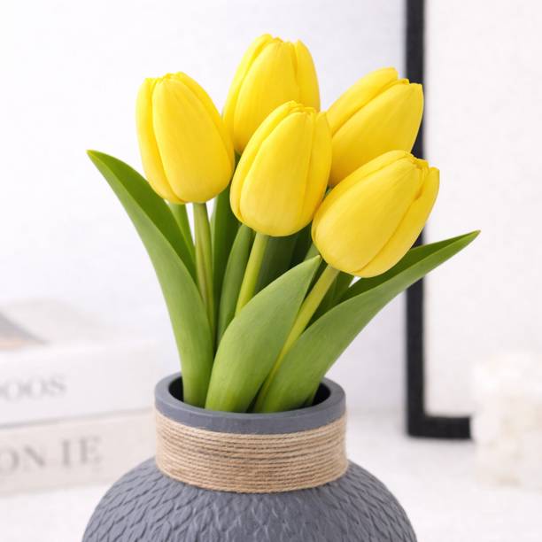 Vendola Artificial Tulip Flowers for Home Décor, Realistic Soft Touch Yellow Tulips Artificial Flower