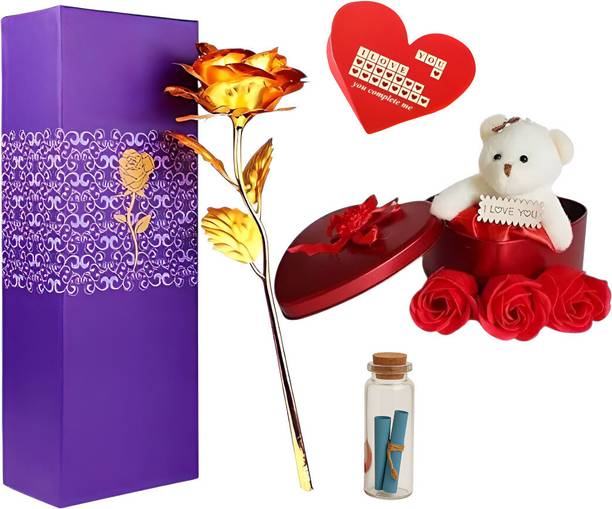 LoveGift Golden Rose Gift Set with Heart-Shaped Box, Greeting Card & Message Pills Gold Rose Artificial Flower