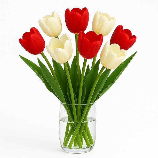 Ikko Tulip Bunch for Vase & Home Decorations, For Living Room Corner Table & Gifting, Red, White Tulips Artificial Flower