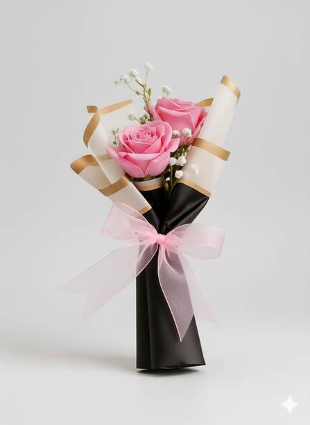 Fleur Buddy Romantic Bloom Artificial Rose Bouquet Black, Pink Rose Artificial Flower