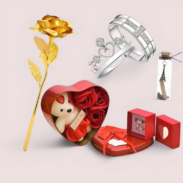 LoveGift Golden Rose with Heart Shape Box, Couple Rings, Message Pills & I Love You Card Red Rose Artificial Flower