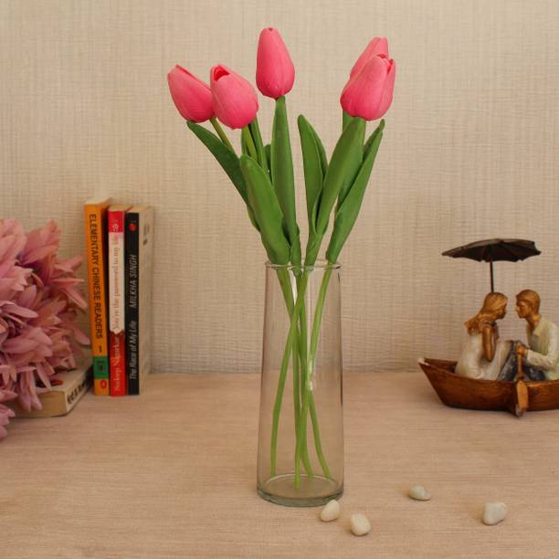 TIED RIBBONS Decorative Tulips Flowers with Glass Vase Pot Home Decorations Gift Item Pink Tulips Artificial Flower with Pot