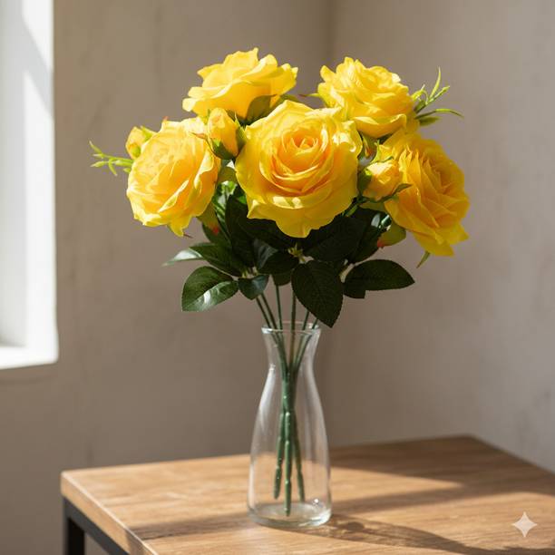 ZENOVIA Premium Artificial Rose Flower Bunch for Home Decoration | Without Vase Yellow Rose Artificial Flower
