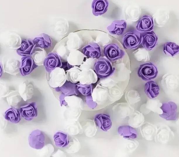 MEHRANSH Artificial Mini Foam Rose Flowers for Decoration (25 Pcs purple &25 Pcs white) Purple, White Rose Artificial Flower